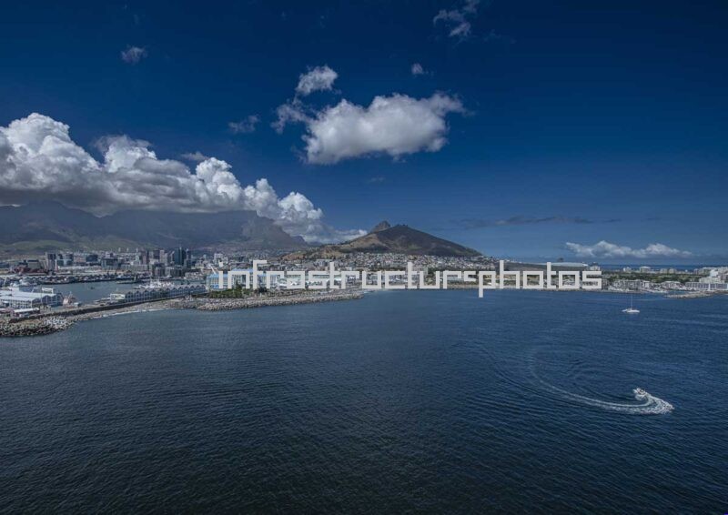 Aerial View of Cape Town Harbour and V&A Waterfront with Table Mountain