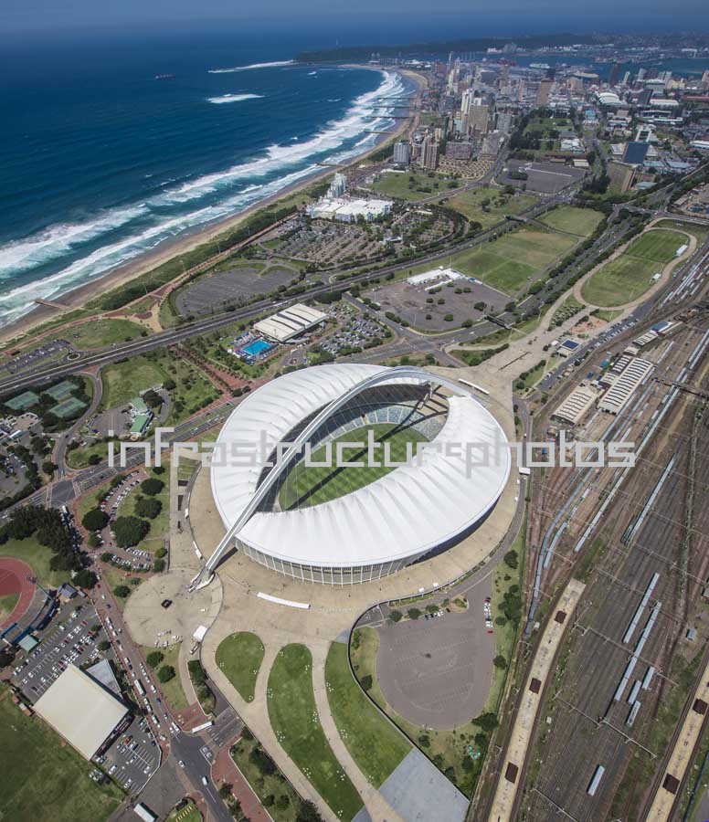 Moses Mabhida Stadium Aerial View – Durban Coast, Stadium and Railway Infrastructure